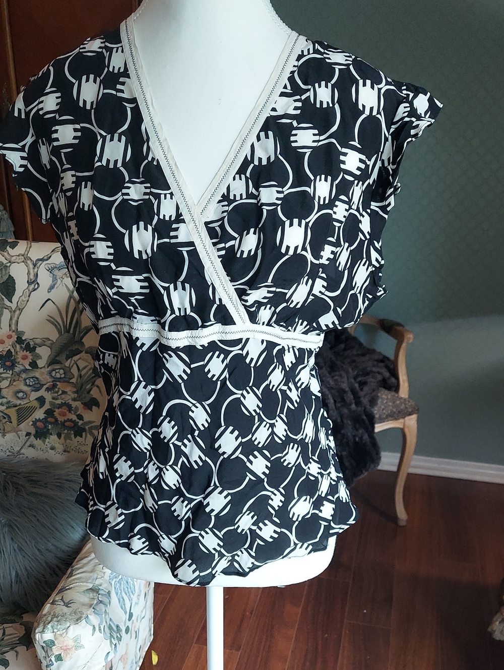 Black & White Graphic Wrap-Style Blouse